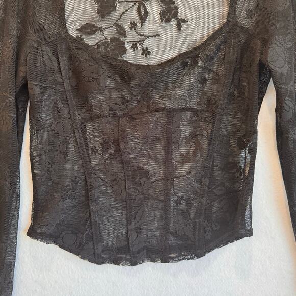 Free People Intimately Black Sheer Floral Lace Long Sleeve Mesh Top Large boho - Picture 3 of 6